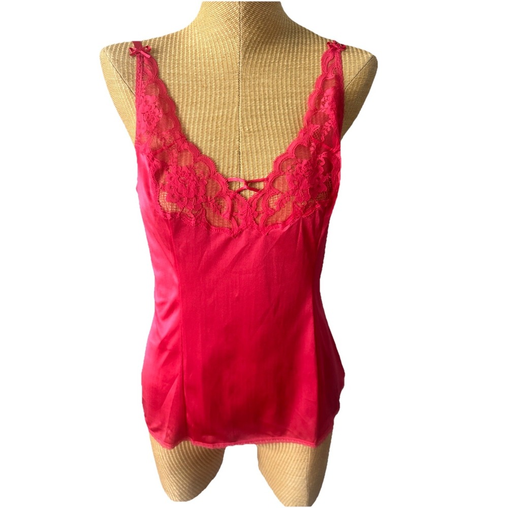 Vintage 80s Vanity Fair Pink Satin Lace Camisole Adjustable Strap Size 36